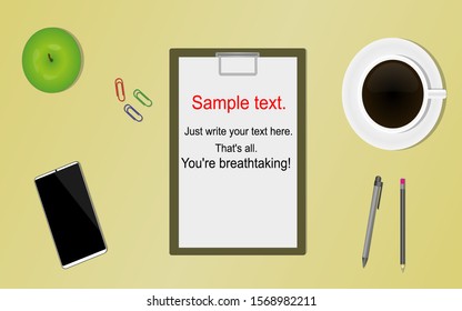 Flat lay style desktop. Cup of coffee, mobile phone, apple, pen, pencil. Flat lay style.