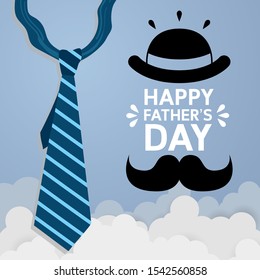 Flat lay style father's day greeting card with hat, necktie and mustache