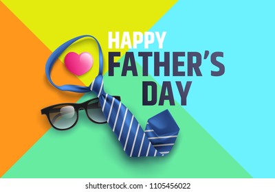 Flat lay style of Happy Father's Day inscription with necktie and glasses. Greetings and presents for dad.Vector illustration EPS10