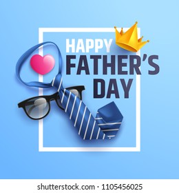 Flat lay style of Happy Father's Day inscription with necktie and glasses on blue background.Greetings and presents for dad.Vector illustration EPS10
