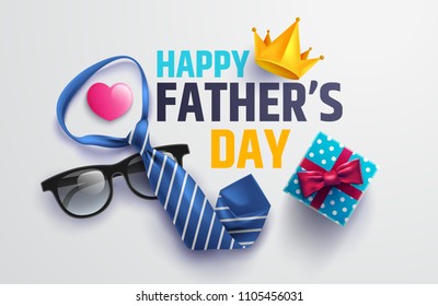 Flat lay style of Happy Father's Day inscription with necktie,glasses and gift box for dad.Greetings and presents.Vector illustration EPS10