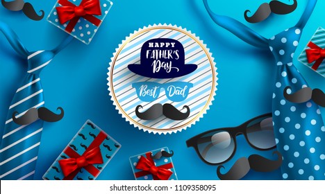 Flat lay style of Happy Father's Day inscription with necktie,glasses and gift box for dad on blue background.Greetings and presents for Father's Day.Vector illustration EPS10