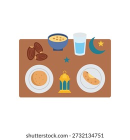 Flaches Laib von Suhoor Mahlzeit während des Radan mit Datteln Brei Glas Wasser und symbolischen Elementen warmen Brauntönen