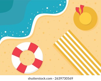 Flat lay summer beach flat illustration. Sandy beach with ocean wave, straw hat and chaise lounge vector illustration