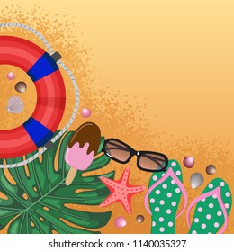 Flat lay summer set, top view composition, sand texture background, tropical vacation theme objects, palm leaf, starfish, clams, sunglasses, lip-flops, ice cream, life buoy, for banner, poster, ads.