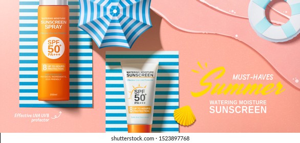 Flat Lay Summer Sunscreen Banner Ads On Paper Art Beach Background In 3d Illustration