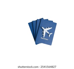 Flat lay of summer travel  passport blue and airplane on a white background