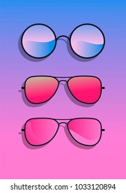 Flat lay and sunglasses acid gradient pink   blue background  Vector illustration 