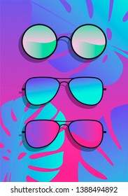 Flat lay with sunglasses on acid gradient pink and blue background with monstera palm leaves. Vector illustration.