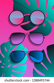 Flat lay with sunglasses on acid gradient pink and blue background with monstera palm leaves. Vector illustration.
