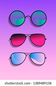 Flat lay with sunglasses on acid gradient pink and blue background. Vector illustration.