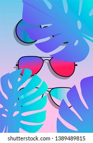 Flat lay with sunglasses on acid gradient pink and blue background with monstera palm leaves. Vector illustration.