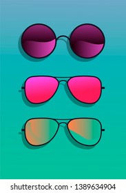 Flat lay with sunglasses on acid gradient pink and blue background. Vector illustration.