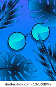 Flat lay with sunglasses on acid gradient blue background with monstera palm leaves. Vector illustration.