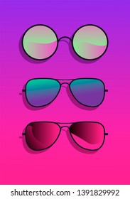 Flat lay with sunglasses on acid gradient pink and blue background. Vector illustration.