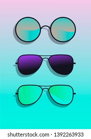 Flat lay with sunglasses on acid gradient pink and blue background. Vector illustration.