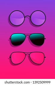 Flat lay with sunglasses on acid gradient pink and blue background. Vector illustration.