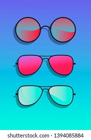 Flat lay with sunglasses on acid gradient pink and blue background. Vector illustration.