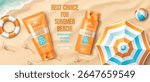 Flat lay of sunscreen lotion bottles on a sandy beach with footprints and summer items. Bright orange and blue colors. Represents sun protection for a beach day.
