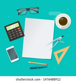 Flat lay of table with blank paper page for copy space vector illustration, cartoon learning or education objects on working desk top view, idea of school homework or study, workplace layout