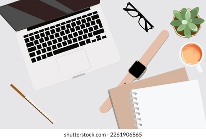 Flat lay table with laptop sunglasses pen watch notebook pen plant and coffee