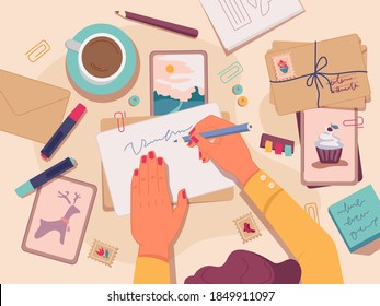 Flat lay of table with postcards and letters for holidays. Woman writing on paper, making handmade greeting card. Clips and decorative elements for envelopes. Cup of tea or coffee vector in flat