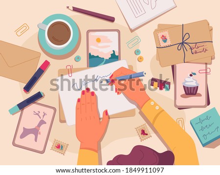Flat lay of table with postcards and letters for holidays. Woman writing on paper, making handmade greeting card. Clips and decorative elements for envelopes. Cup of tea or coffee vector in flat