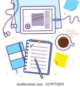 Flat lay with tablet, notebook, headphones and coffee, mockup isolated on white top view. Vector illustration. Concept web cover or banner for blogger or online education