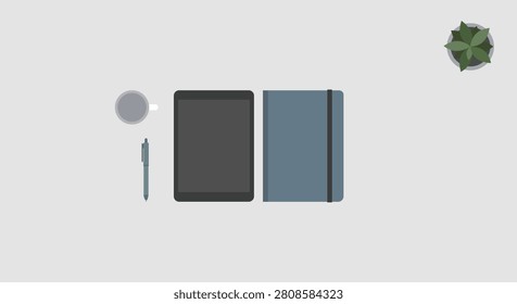 Flat lay of tablet, notebook, pen, and coffee cup on desk, minimalist office workspace