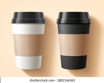 Flat lay of takeaway cup packaging set with blank labels in 3D illustration over beige background