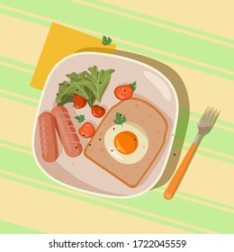 Flat lay of tasty breakfast composed of fried egg, bright fresh tomatoes, sausages and lettuce