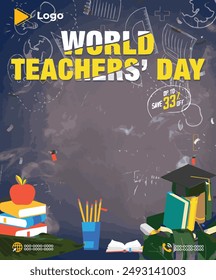 Flat lay teacher's day celebration with instagram and facebook banner poster template design | Teacher's day congratulations banner poster template design | Realistic teachers day with social media 