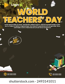 Flat lay teacher's day celebration with instagram and facebook banner poster template design | Teacher's day congratulations banner poster template design | Realistic teachers day with social media 