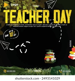 Flat lay teacher's day celebration with instagram and facebook banner poster template design | Teacher's day congratulations banner poster template design | Realistic teachers day with social media 