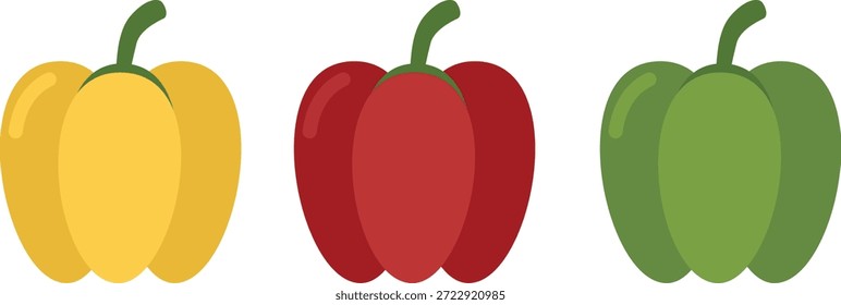Flat lay of three colorful bell peppers in yellow, red, and green against a clean white background.