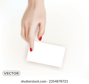 Flat lay, top view. Beauty and fashion concept. Beautiful female hand with white card. Pale composition with a girl's hand holding a card on a white background. Vector EPS