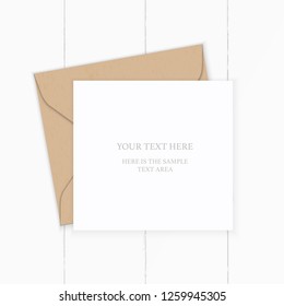 Flat lay top view elegant white composition letter kraft paper envelope on wooden background.