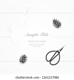 Flat lay top view elegant composition paper pine cone tags and vintage metal scissors on wooden background.