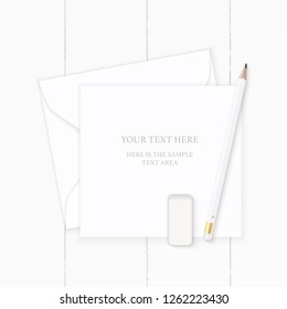 Flat lay top view elegant white composition letter paper envelope pencil and eraser on wooden background.