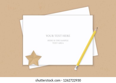 Flat lay top view elegant white composition paper yellow pencil and star shape craft on kraft background.