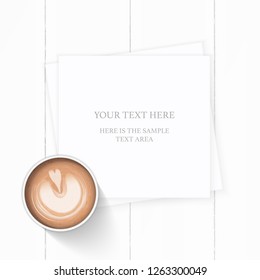 Flat lay top view elegant white composition paper coffe drink on wooden background.