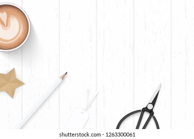 Flat lay top view elegant white composition paper coffe pencil tag scissors and star craft on wooden background.