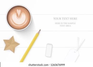 Flat lay top view elegant white composition coffee yellow pencil eraser tag and star craft on wooden floor background.