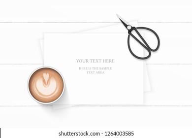 Flat lay top view elegant white composition paper coffee and vintage metal scissors on wooden background.
