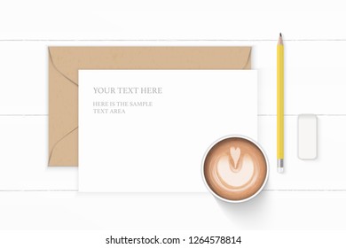 Flat lay top view elegant white composition letter kraft paper envelope yellow pencil eraser and coffee on wooden background.