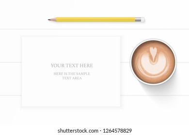 Flat lay top view elegant white composition paper yellow pencil and coffee on wooden background.