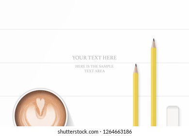 Flat lay top view elegant white composition yellow pencils eraser and coffee on wooden floor background.