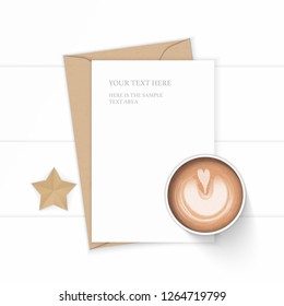 Flat lay top view elegant white composition letter kraft paper envelope leaf coffee and star shape craft on wooden background.