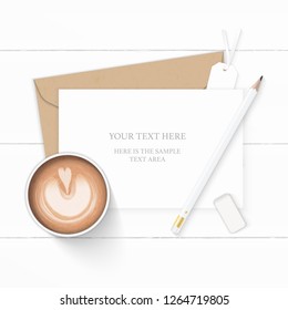 Flat lay top view elegant white composition letter kraft paper envelope pencil eraser coffee and tag on wooden background.
