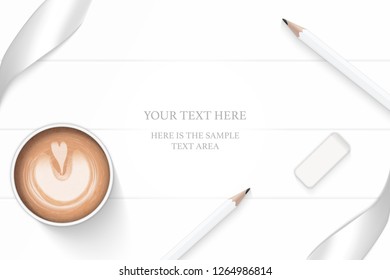 Flat lay top view elegant white composition silver ribbon pencil eraser and coffee on wooden floor background.
